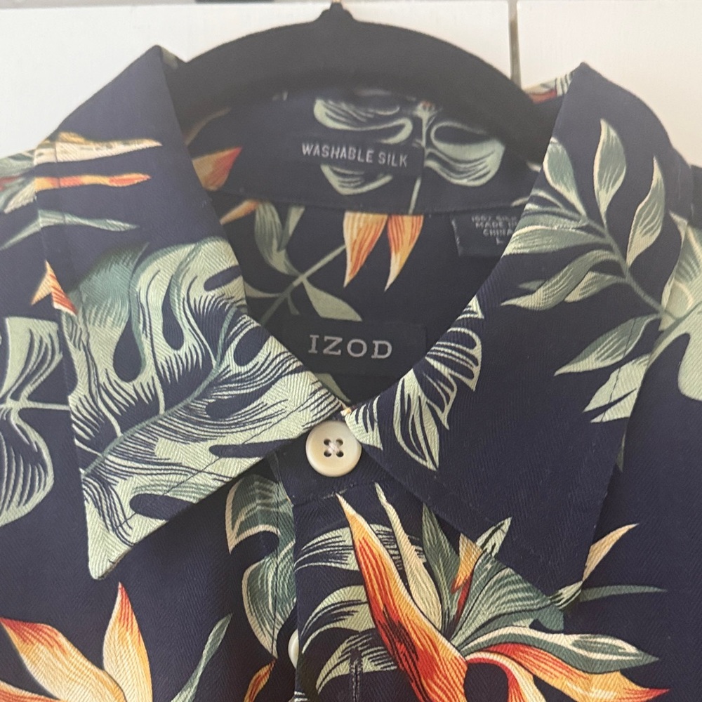 Izod Men's Tropical Print Silk Shirt - Navy and Orange